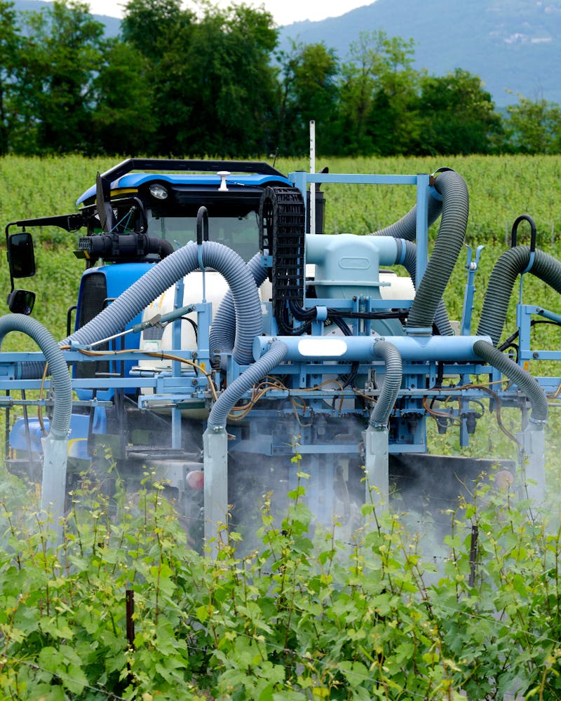 Tracteur qui répand des pesticides sur la vigne
