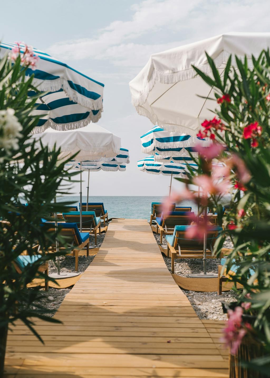Terrasse et parasols de l'Hôtel Amour Beach, 1 Écotable