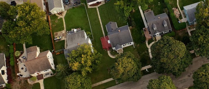 An aerial view of suburban homes