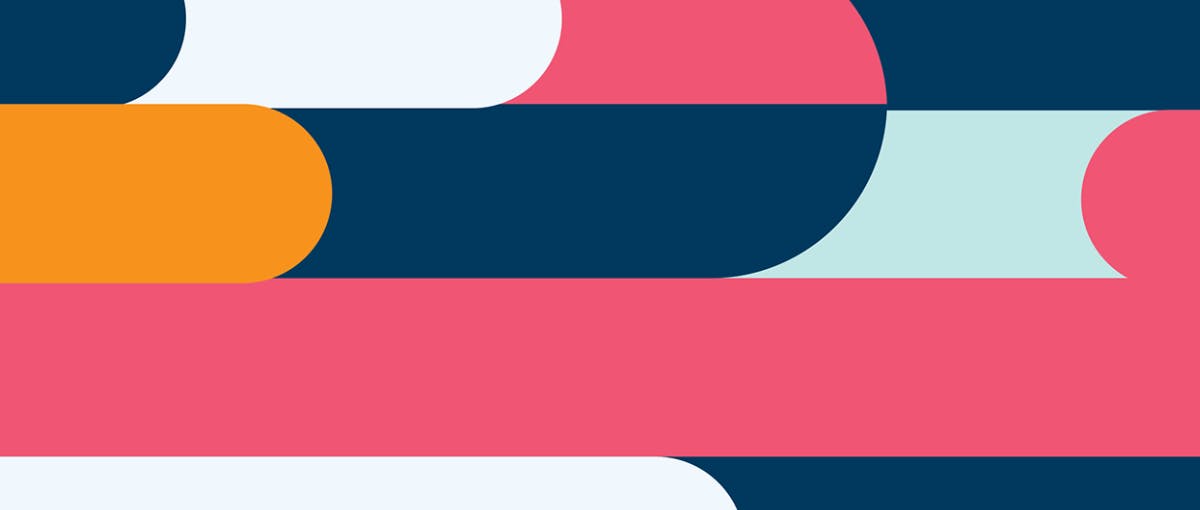 Blue, red, grey, and orange curved vectors displayed as a banner image
