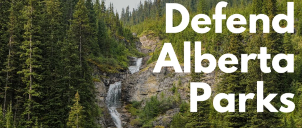 Defend Alberta Parks text overtop of image of a forest