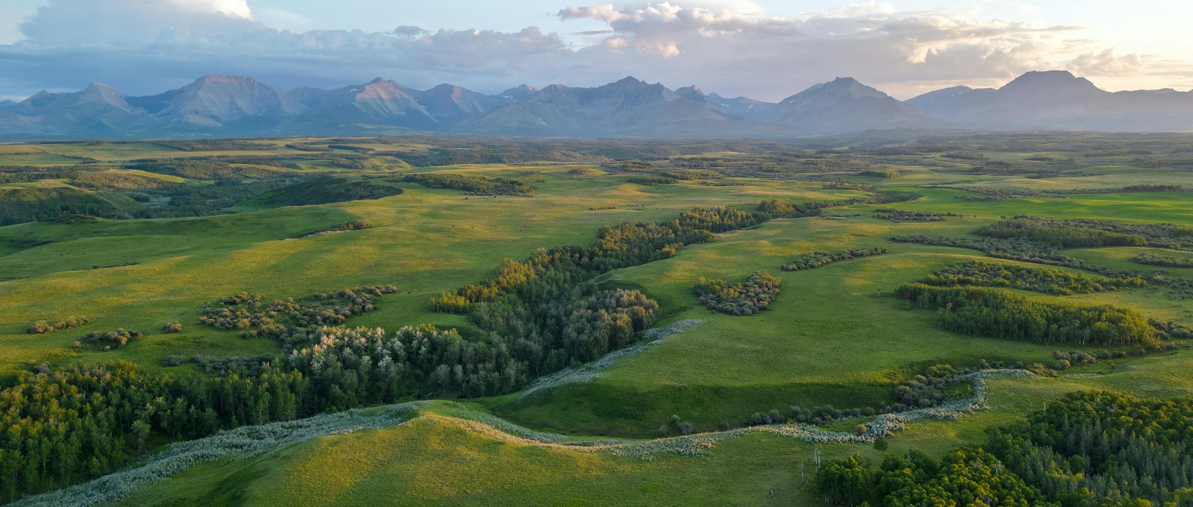 Aerial photo of Alberta landscape with rolling hills, river, and mountains in the distance. 