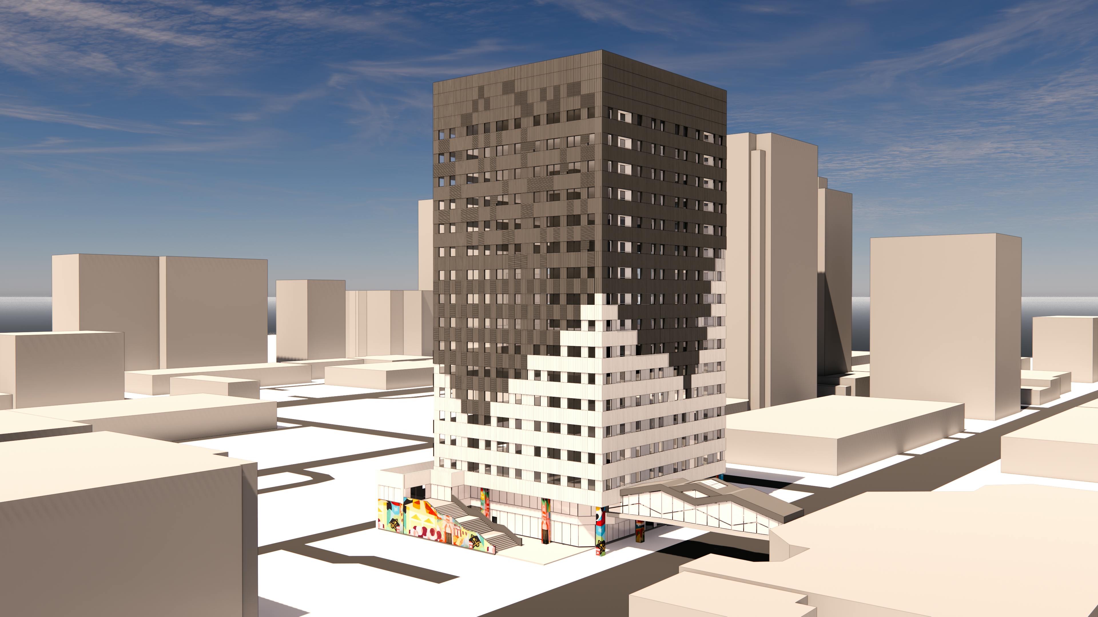 Rendering image of how an office building will look after being converted to mixed-use in Calgary