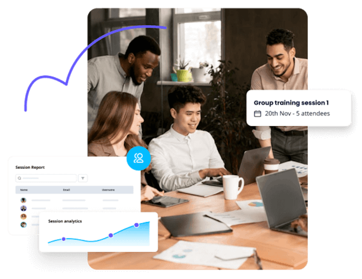Applying training insights with entire team over meeting table. Group training session data