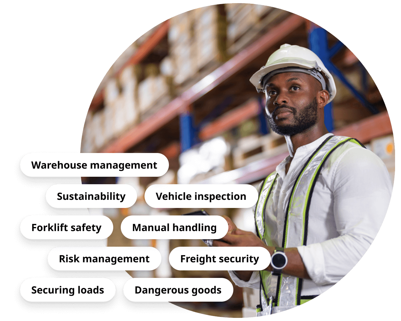 Vehicle inspection; Dangerous goods; Manual handling; Securing loads; Forklift safety
Freight security; Risk management; Warehouse management; Sustainability