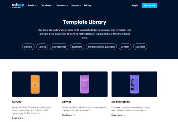 EdApp's course creator template library: survey, games, relationships, etc.