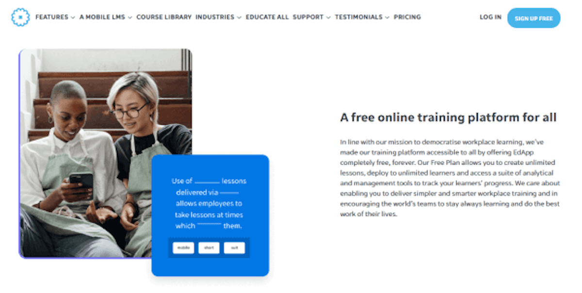 SC Training (formerly EdApp) website landing page with a sample of an elearning course