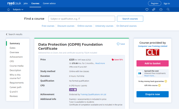 CLT GDPR Compliance Training Course - Data Protection (GDPR) Foundation Certificate