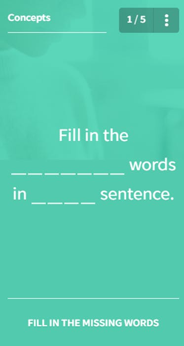 Sample of word construction template. Text reads fill in the _______ words in ____ sentence.