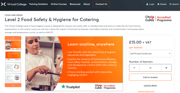 Virtual College Food Hygiene Online Training Course - Level 2 Food Safety &amp; Hygiene for Catering
