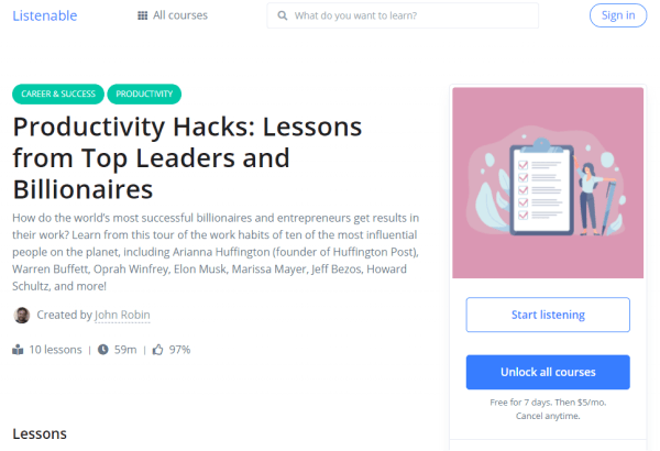 Listenable Microlearning Course to Improve Work Performance-Productivity Hacks: Lessons from Top Leaders and Billionaires
