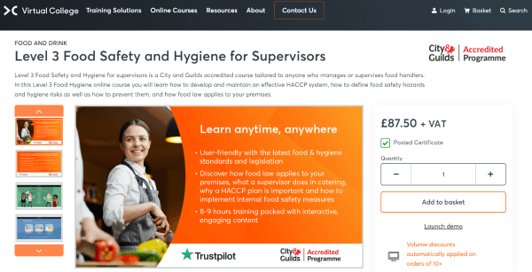 Virtual College Food Hygiene Online Training Course - Level 3 Food Safety &amp; Hygiene for Supervisors