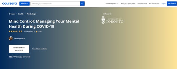 Coursera Mental Health Course - Mind Control: Managing your Mental Health During Covid-19