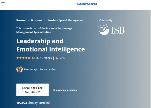 Emotional Intelligence Certificate - Leadership and Emotional Intelligence on Coursera