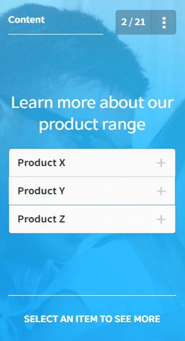 Text reads learn more about our product range, product x, y, and z are on an expandable list