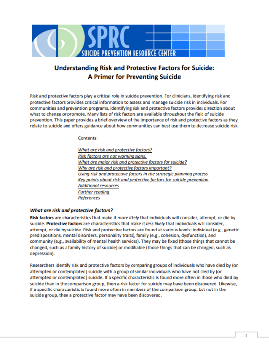 Suicide Prevention Resource - Understanding Risk and Protective Factors for Suicide: A Primer for Preventing Suicide