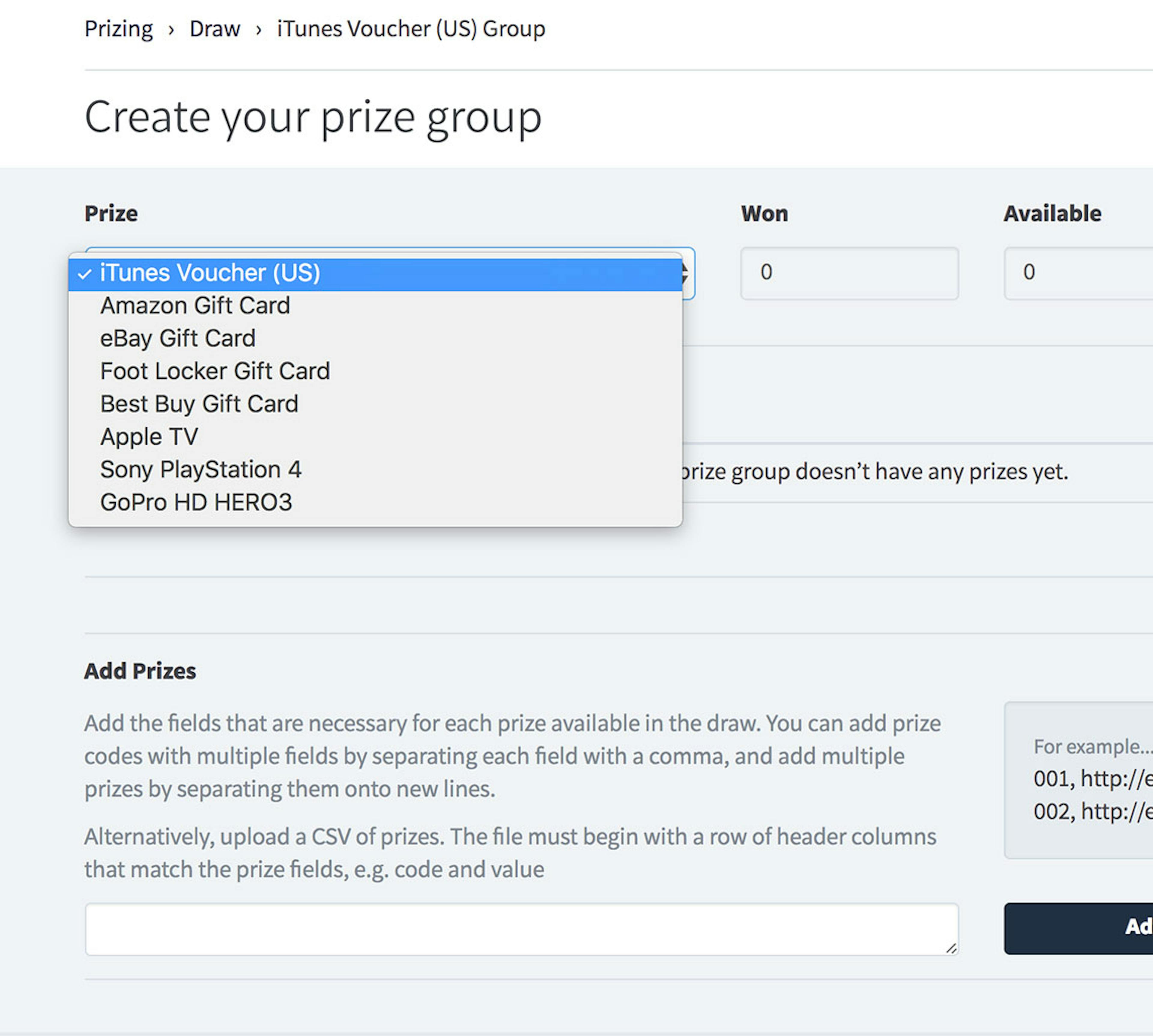 Select prize template