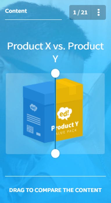 Product X vs. Product Y, swipe left or right to reveal the two sides
