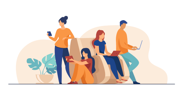 Illustration of different people working on different devices