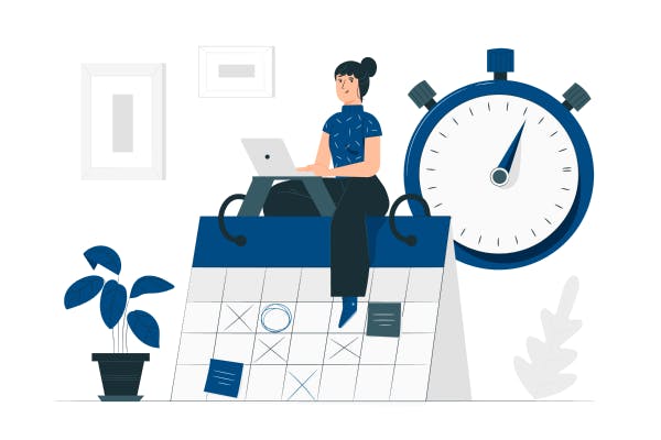 Illustration of a woman on her laptop sitting on a huge calendar while a timer is ticking behind her