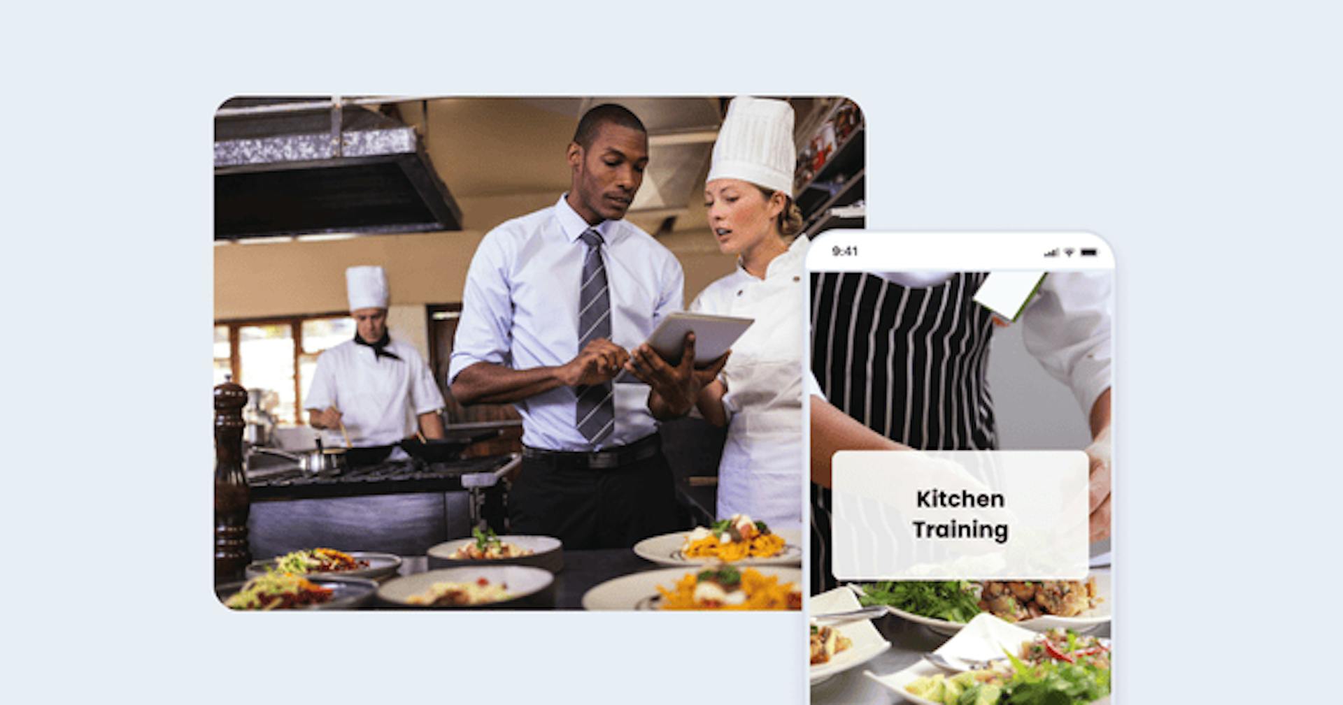 Kitchen staff using a digital tablet for training