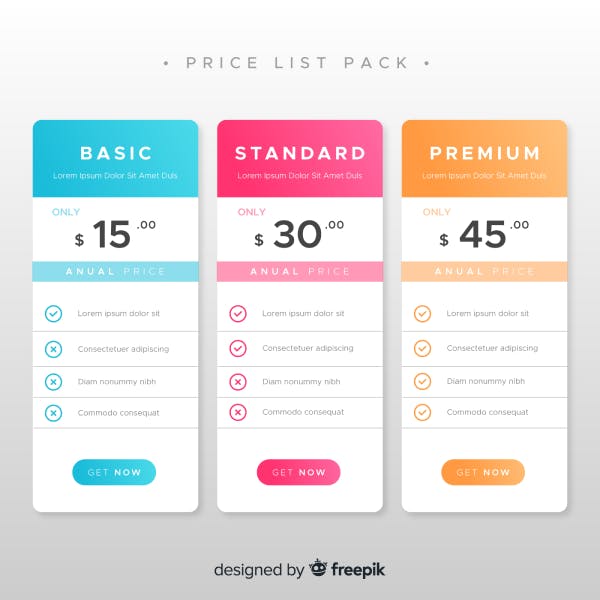 Pricing list pack: Basic, Standard, and Premium pricing on a website