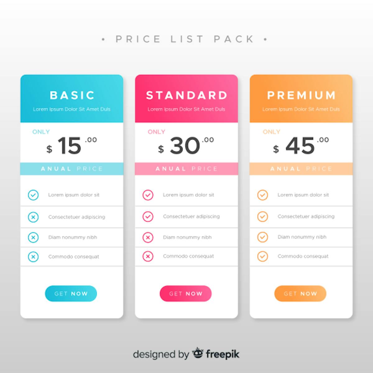 Pricing list pack: Basic, Standard, and Premium pricing on a website