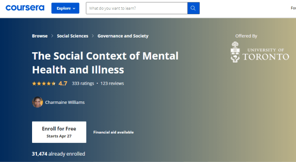 Coursera Mental Health Course - The Social Context of Mental Health and Illness