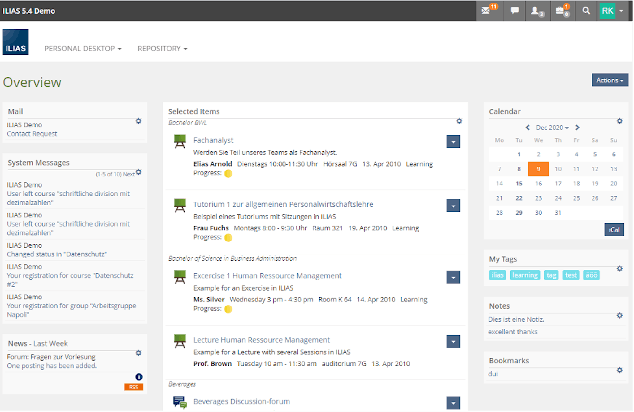 Ilias LMS Dashboard