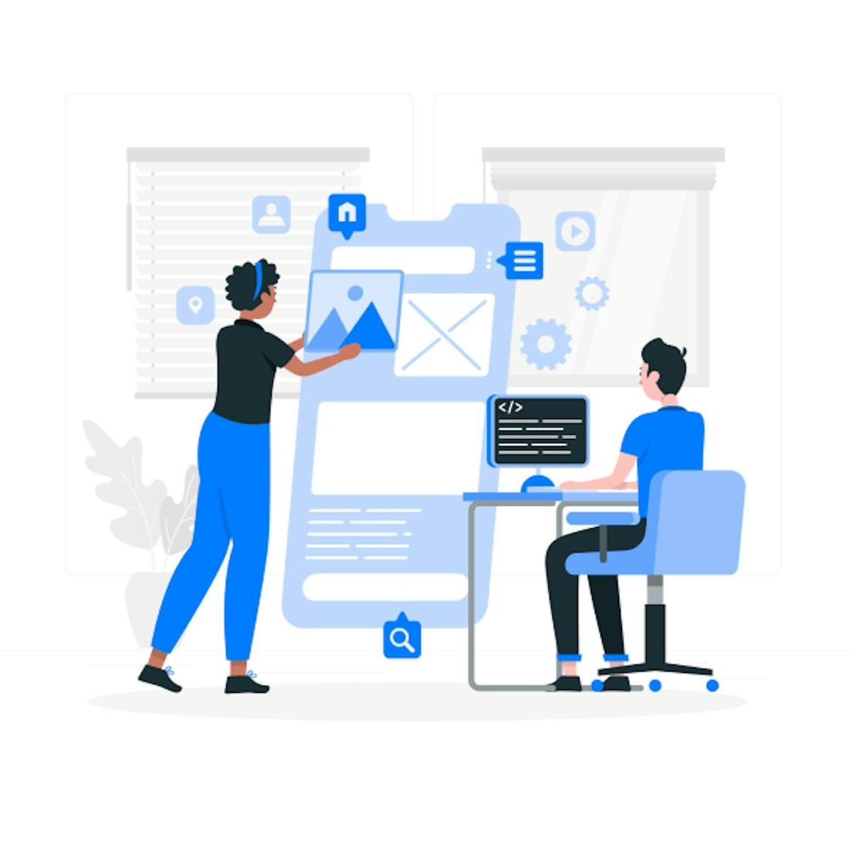 An illustration of two people working a a software, one person is sitting on their computer, the other designing the product