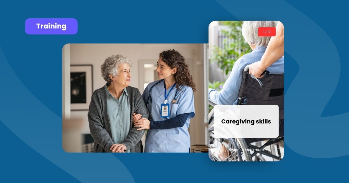 Woman assisting elderly patient using her caregiving skills