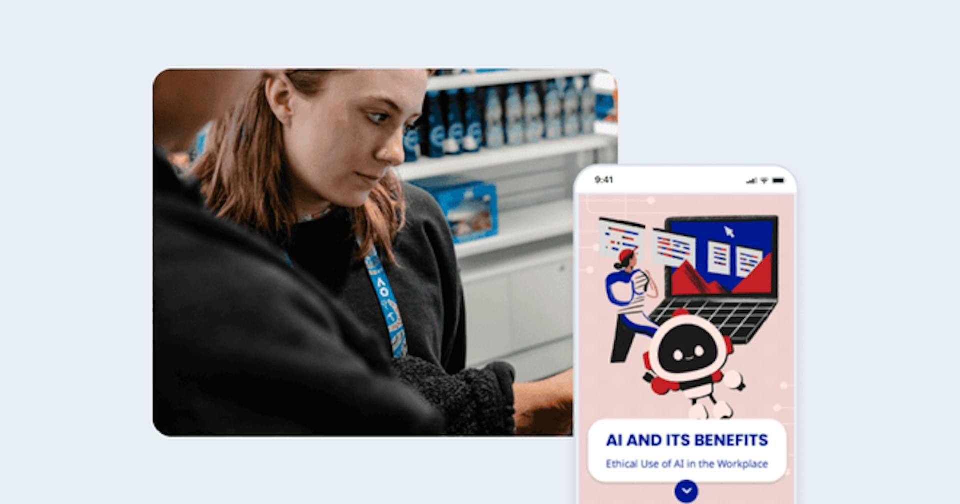 An employee taking an AI literacy mobile course