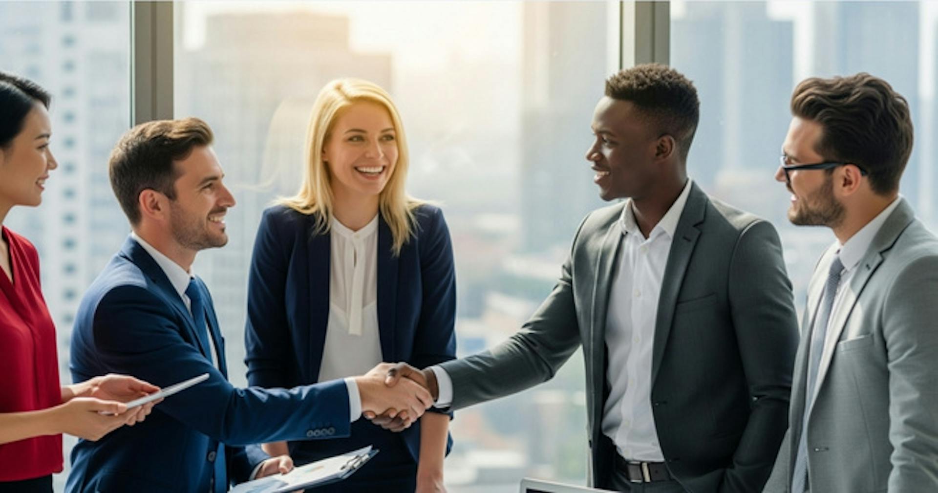 Diverse employees happily shaking hands