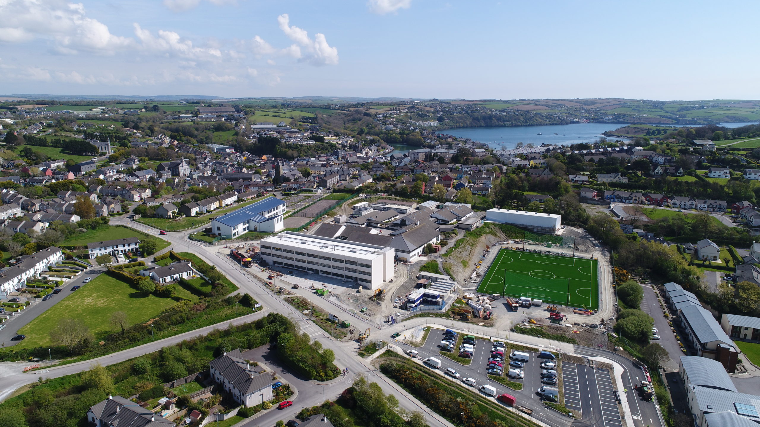 Aerial image of new school with sea in background