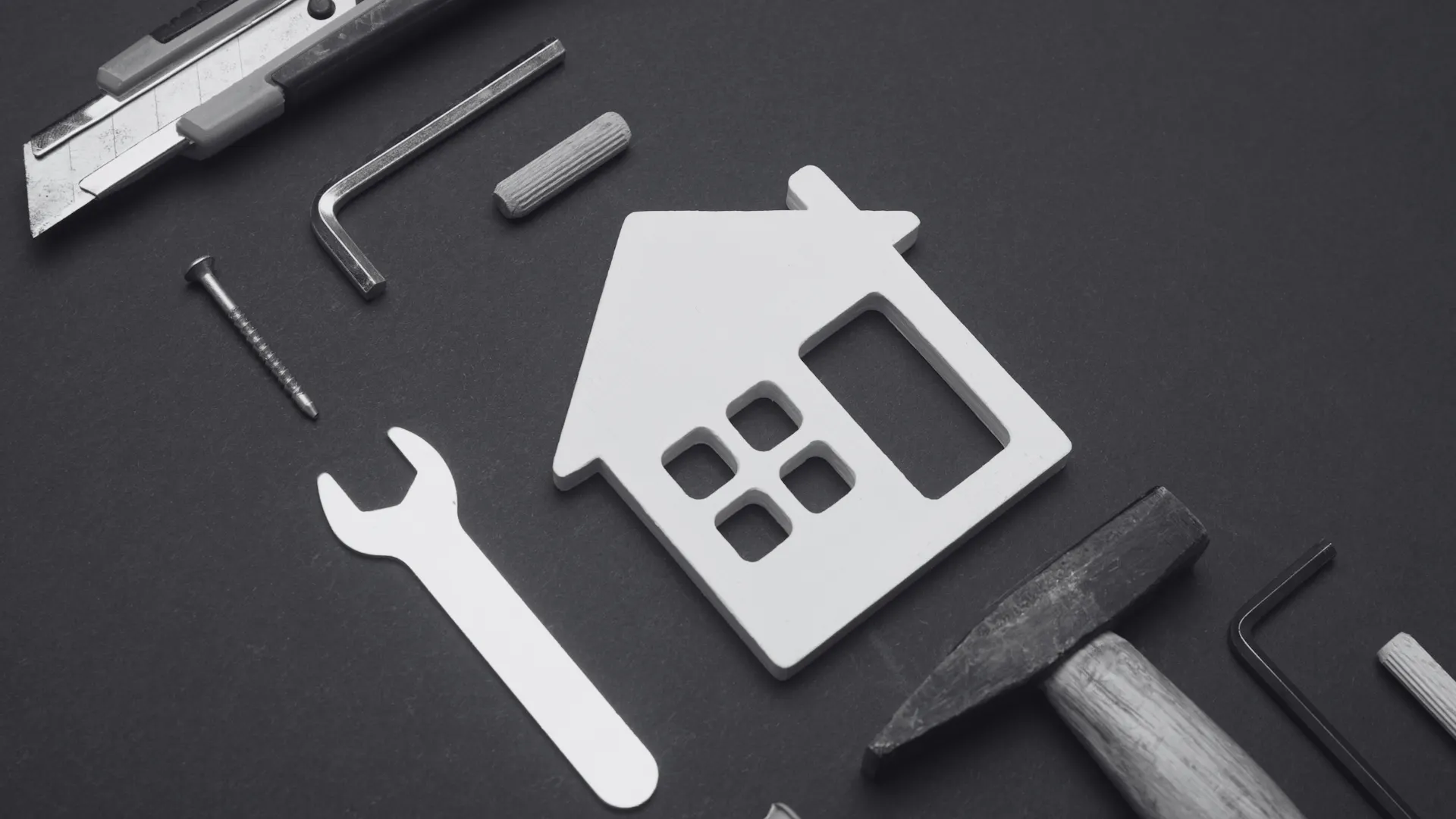 House icon surrounded by tools on a dark background, representing construction and setup. Symbolizes building and integrating digital systems or services. House icon surrounded by tools on a dark background, representing construction and setup. Symbolizes building and integrating digital systems or services.