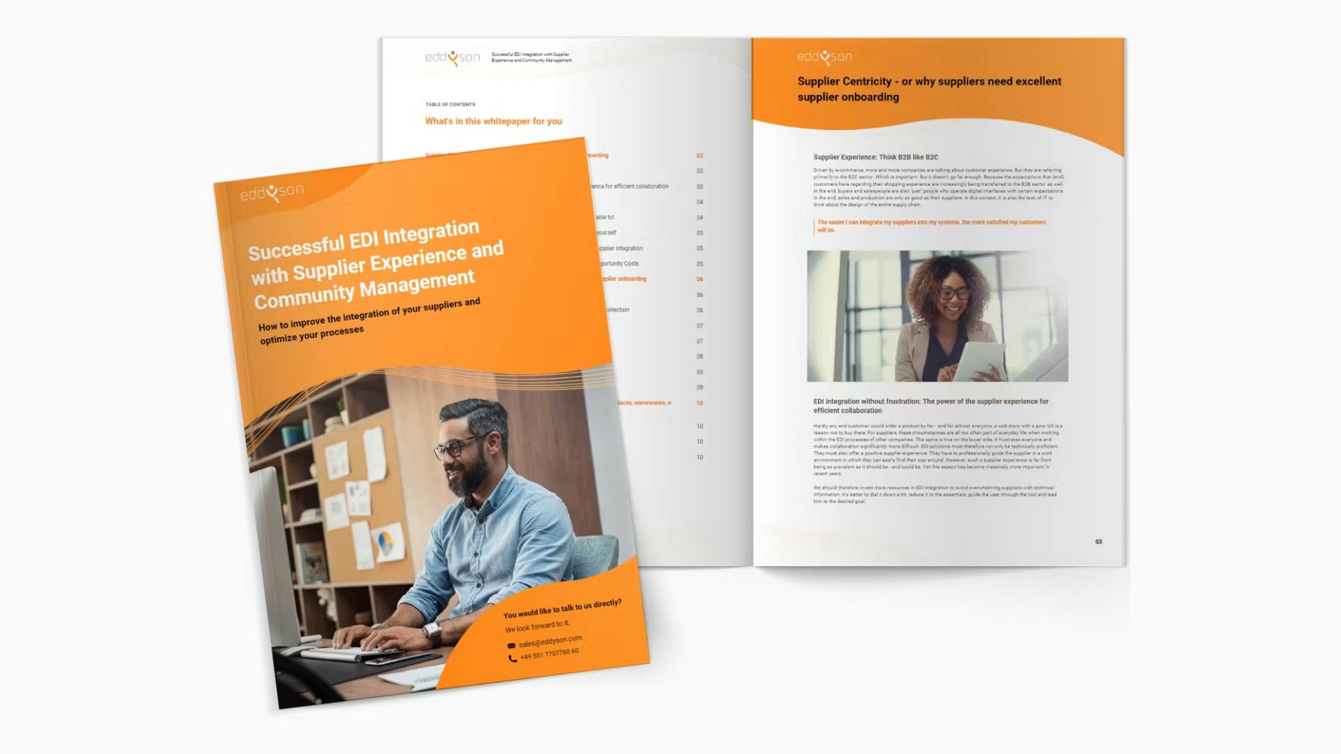 Promotional image of the whitepaper “Successful EDI Integration with Supplier Experience and Community Management,” featuring the cover, table of contents, and first content page.