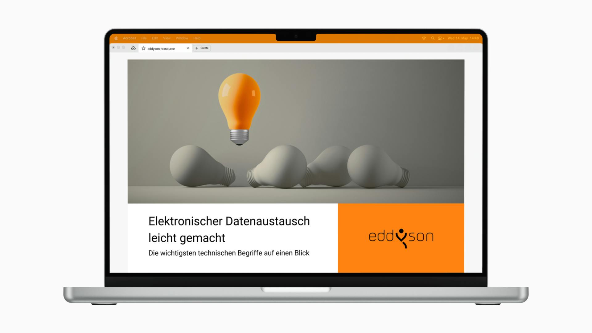 Ein Laptop-Bildschirm mit einem geöffneten eBook im Adobe Acrobat Reader. Auf der Seite ist eine leuchtende orangefarbene Glühbirne über mehreren grauen, liegenden Glühbirnen zu sehen. Darunter steht der Text "Elektronischer Datenaustausch leicht gemacht – Die wichtigsten technischen Begriffe auf einen Blick". Rechts daneben befindet sich das eddyson-Logo auf orangefarbenem Hintergrund.