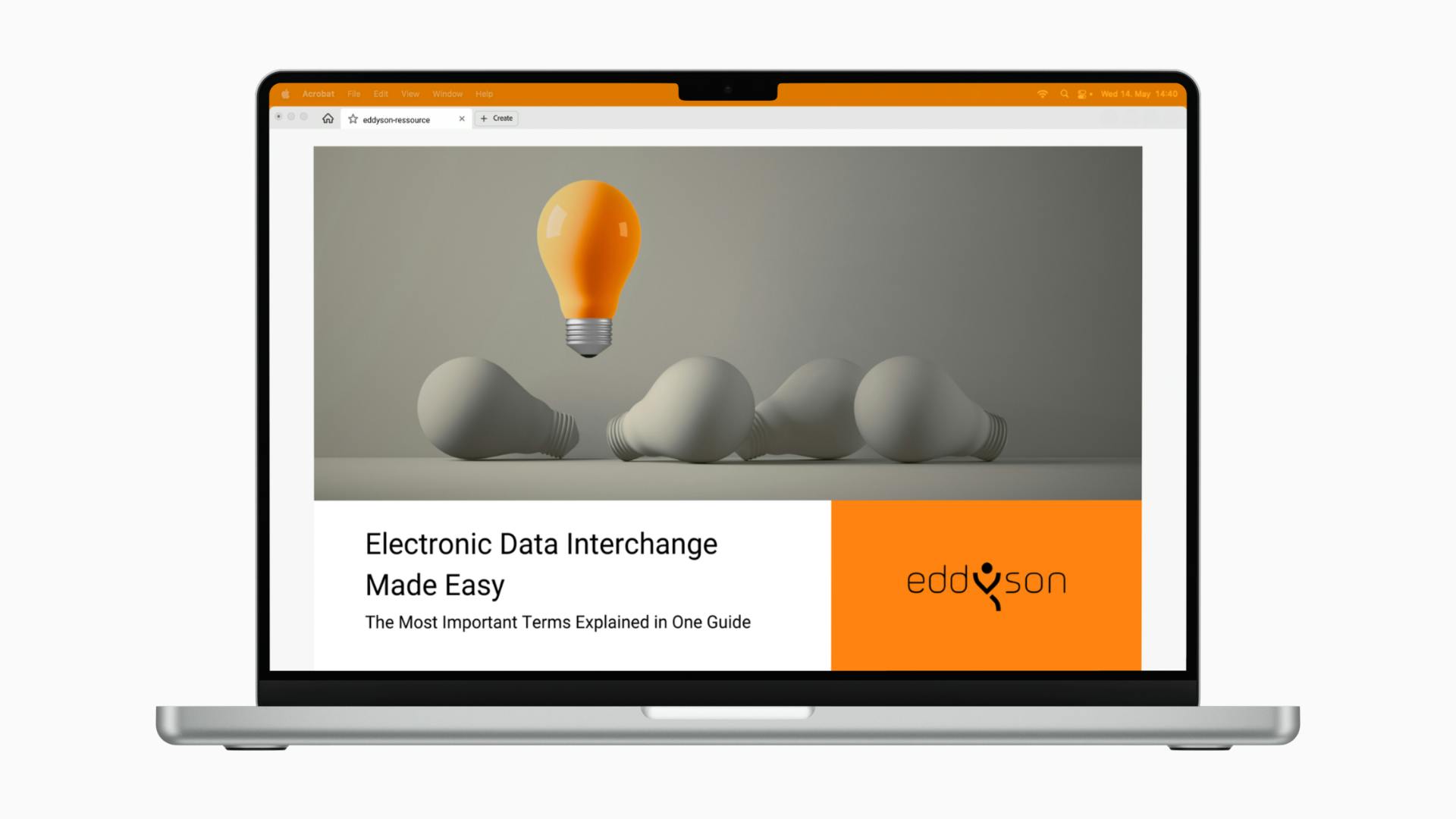 A laptop screen displaying an open eBook in Adobe Acrobat Reader. The page shows a glowing orange light bulb above several grey, lying light bulbs. Below that is the text "Electronic Data Interchange Made Easy – The Most Important Terms Explained in One Guide". The eddyson logo is on an orange background on the right.