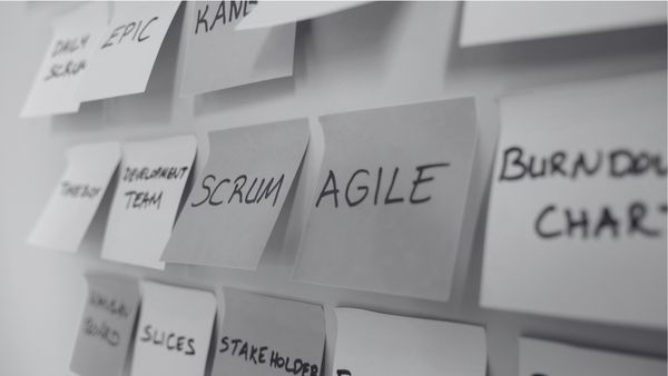 Board with various Post-it notes containing terms from the field of project management, such as Scrum, Agile, Success.