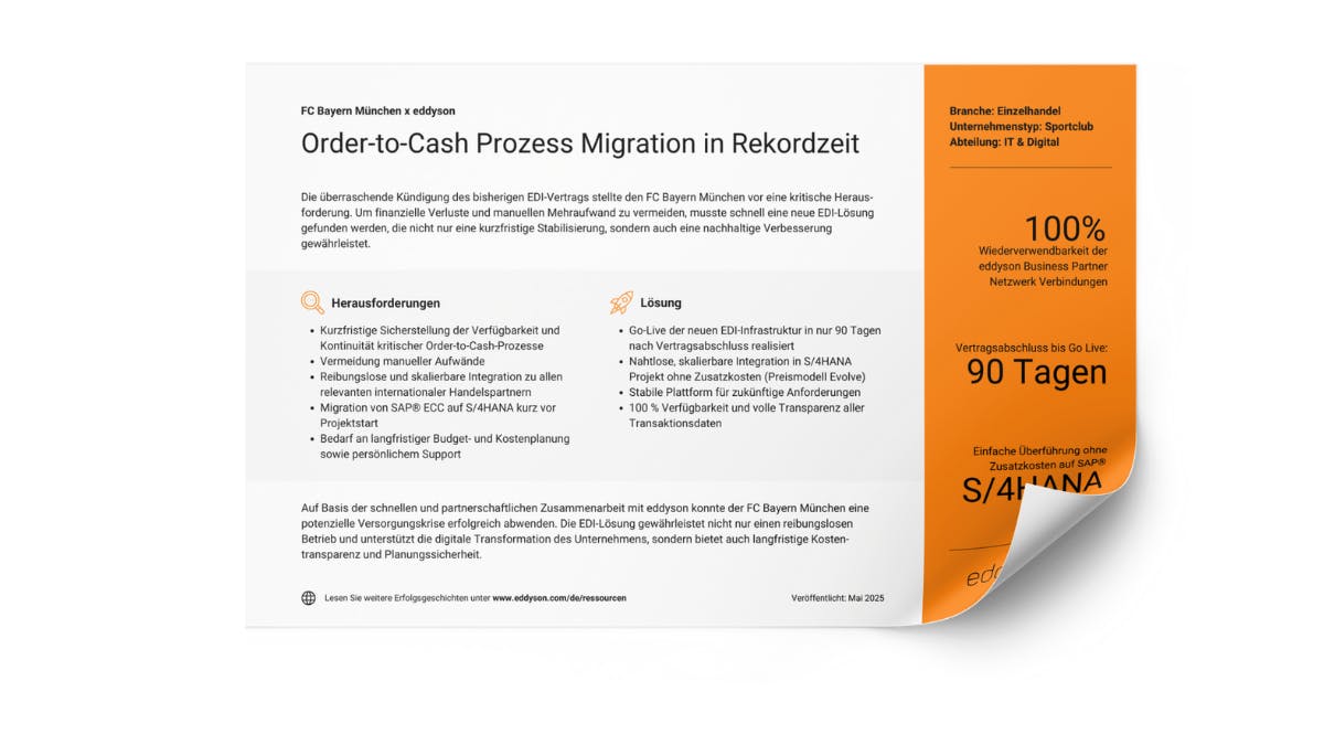 Promo-Grafik der Success Story FC Bayern München x eddyson, mit Fokus auf zentrale Herausforderungen und EDI-Migrationsvorteile wie 100 % wiederverwendbare Partnerverbindungen, 90-Tage-Go-Live und nahtlose Integration in S/4HANA.