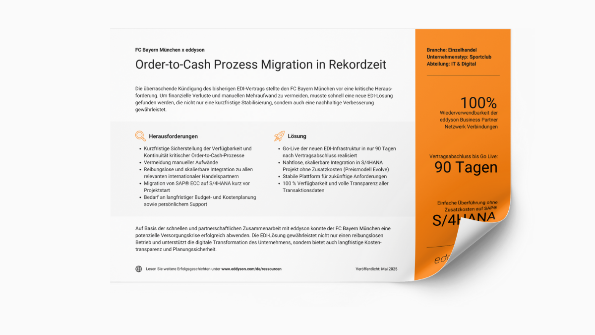 Promo-Grafik der Success Story FC Bayern München x eddyson, mit Fokus auf zentrale Herausforderungen und EDI-Migrationsvorteile wie 100 % wiederverwendbare Partnerverbindungen, 90-Tage-Go-Live und nahtlose Integration in S/4HANA.