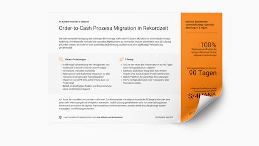 Promo-Grafik der Success Story FC Bayern München x eddyson, mit Fokus auf zentrale Herausforderungen und EDI-Migrationsvorteile wie 100 % wiederverwendbare Partnerverbindungen, 90-Tage-Go-Live und nahtlose Integration in S/4HANA.