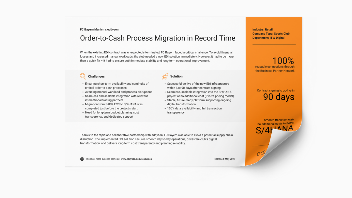 Promo image of FC Bayern x eddyson success story, highlighting key challenges and EDI migration benefits including 100% reusable partner connections, 90-day go-live, and seamless S/4HANA integration.