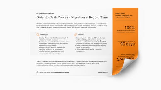 Promo image of FC Bayern x eddyson success story, highlighting key challenges and EDI migration benefits including 100% reusable partner connections, 90-day go-live, and seamless S/4HANA integration.