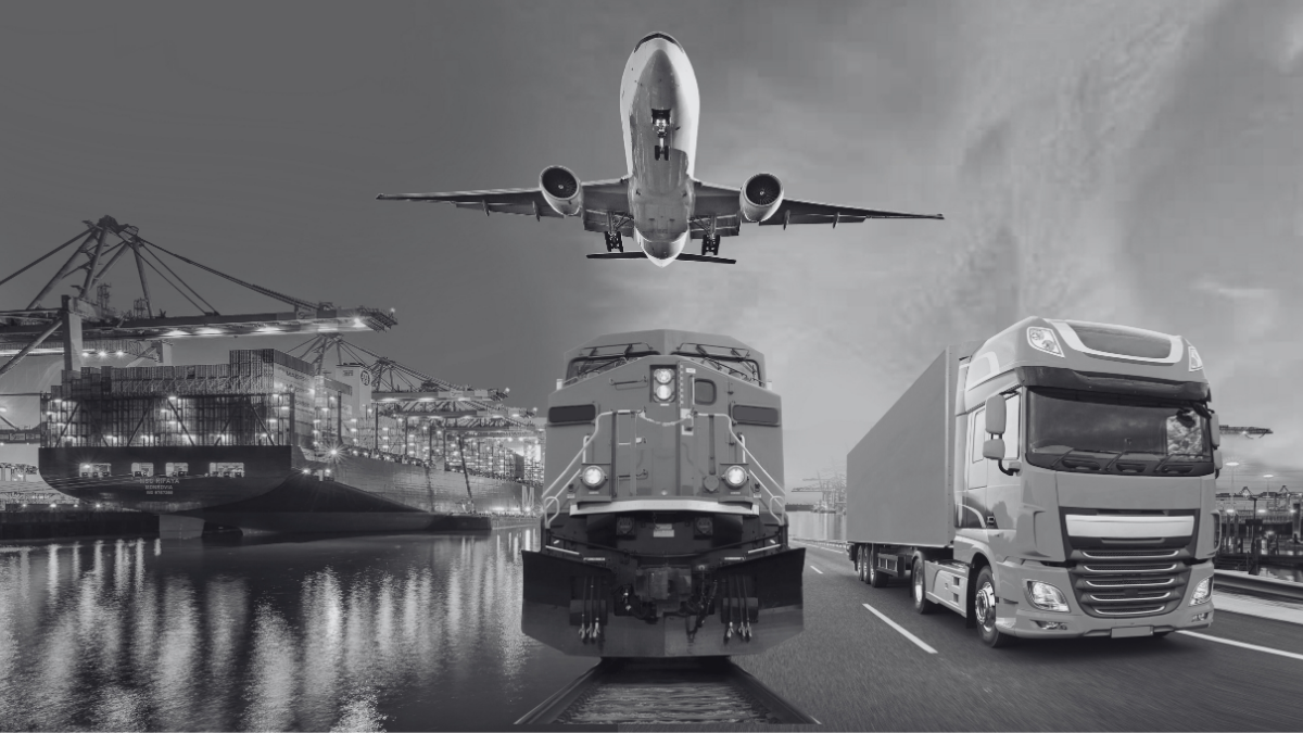 Cargo ship at a port, a low-flying airplane, a freight train, and a semi-truck representing multimodal global supply chain and transportation logistics.