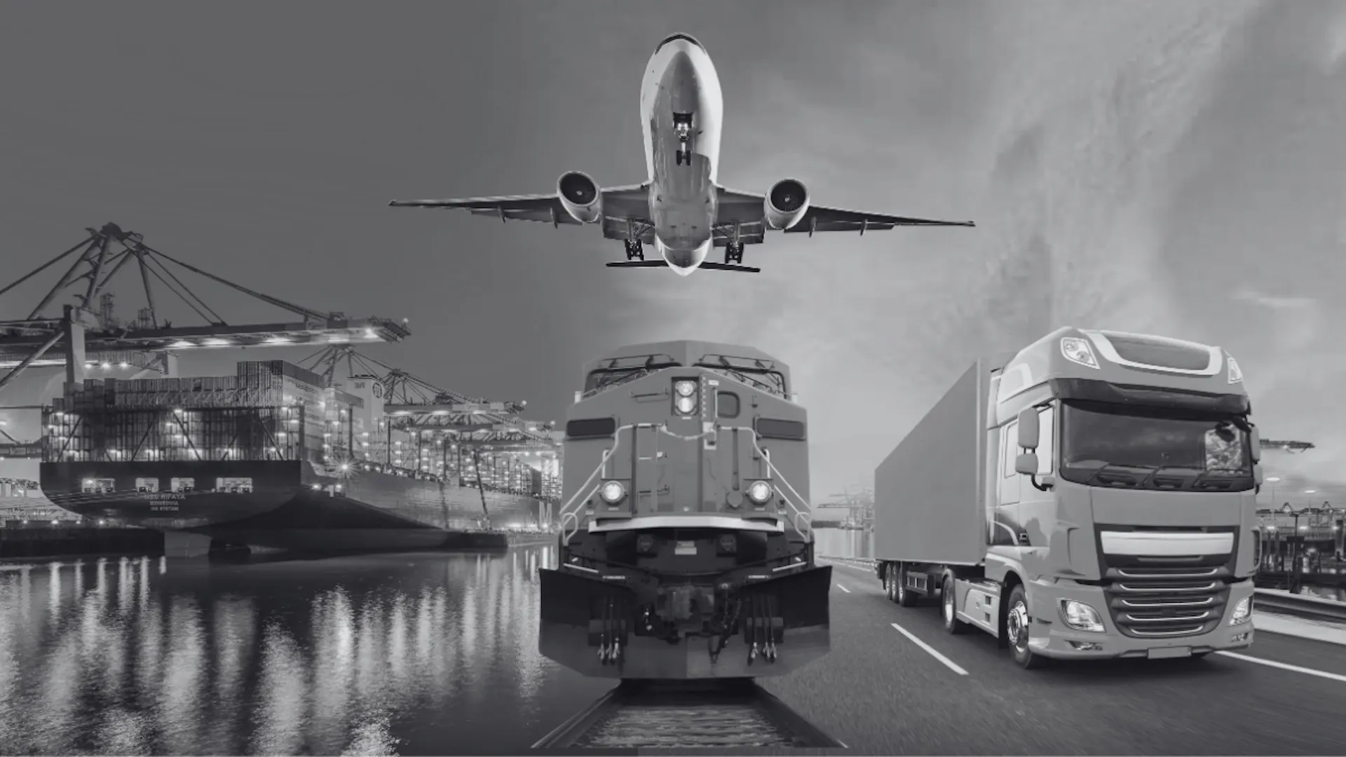 Cargo ship at a port, a low-flying airplane, a freight train, and a semi-truck representing multimodal global supply chain and transportation logistics. Cargo ship at a port, a low-flying airplane, a freight train, and a semi-truck representing multimodal global supply chain and transportation logistics.