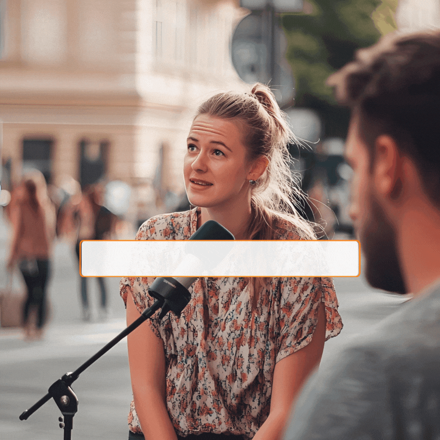 Woman in urban pedestratial zone, microphone in front of her; overlayed by a reaction bar.