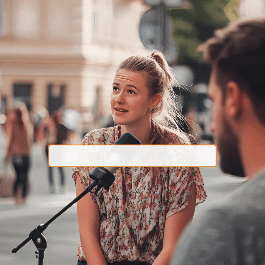 Woman in urban pedestratial zone, microphone in front of her; overlayed by a reaction bar.