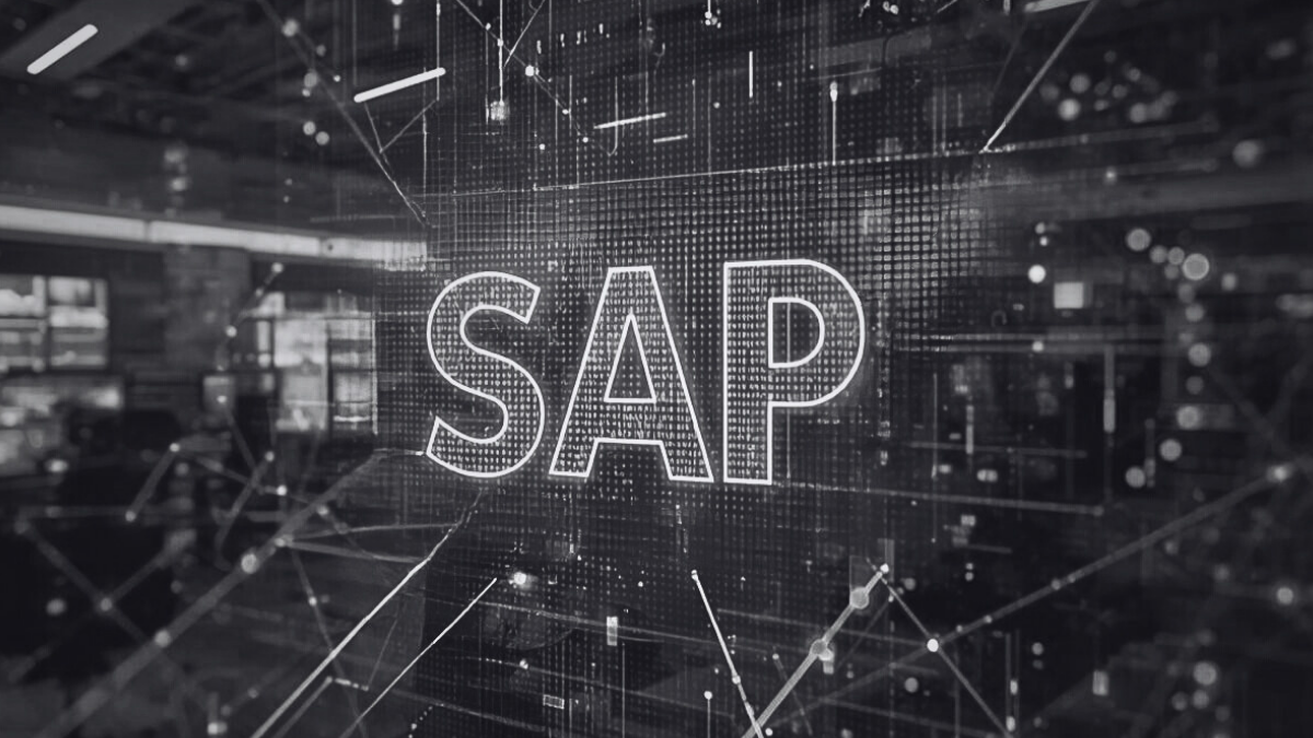 Abstract digital illustration with the letters SAP surrounded by interconnected data lines and nodes, representing system integration, data exchange, and enterprise software connectivity.