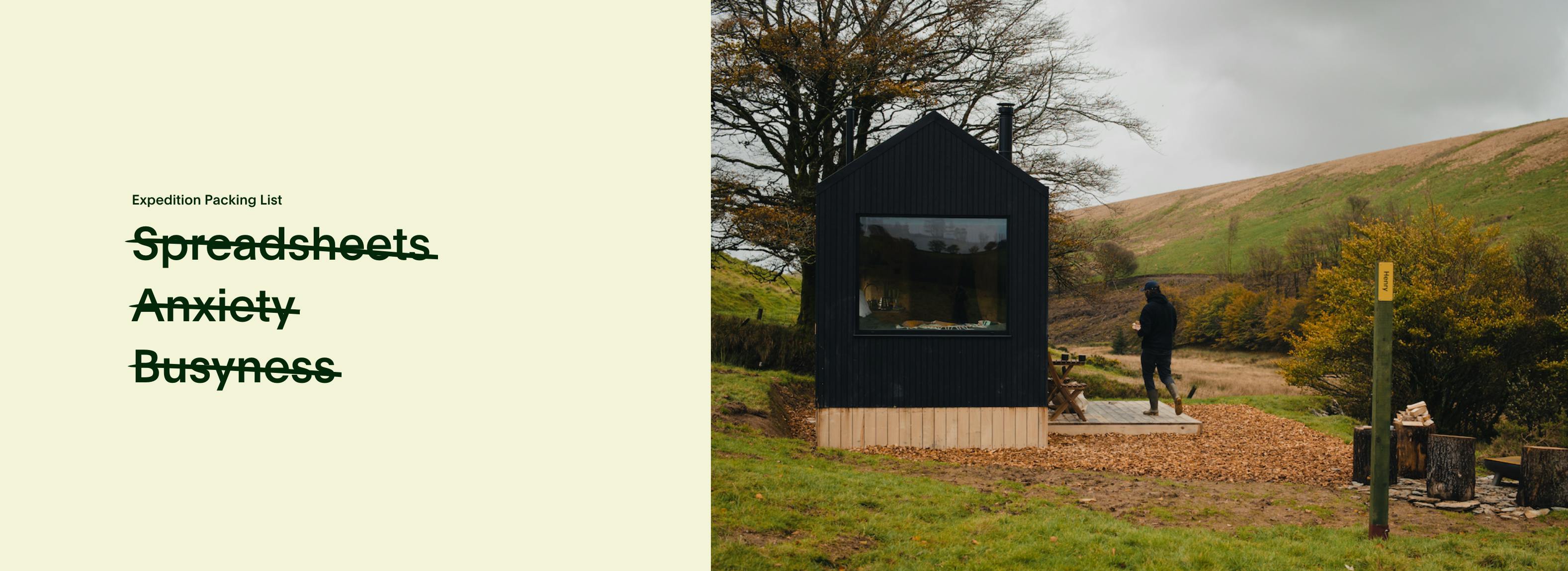 Sustainable cabin on a farm with a person walking and living a low-impact life.